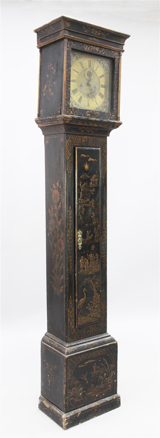 Esaye Fleureau of London. An early 18th century black lacquered eight day longcase clock, H.6ft 6in.